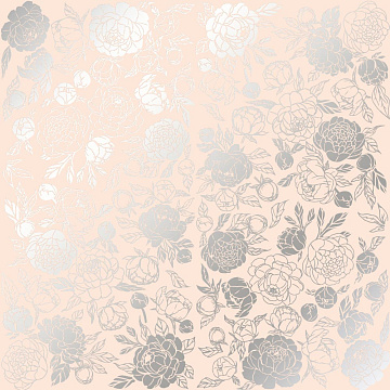 Sheet of single-sided paper embossed with silver foil, pattern Silver Peony Passion Beige 12"x12" 