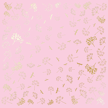 Sheet of single-sided paper with gold foil embossing, pattern Golden Dill Pink, 12"x12"