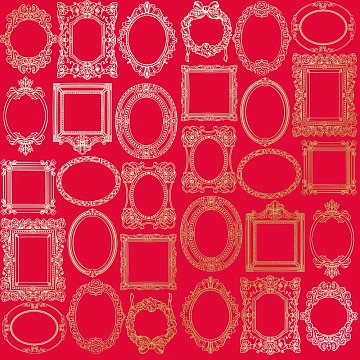 Sheet of single-sided paper with gold foil embossing, pattern "Golden Frames, color Poppy red"
