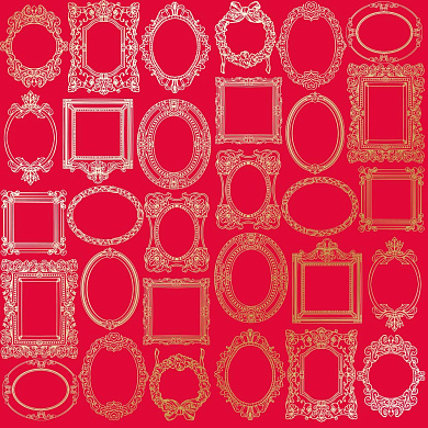 лист односторонней бумаги с фольгированием, дизайн golden frames, color poppy red, 30,5см х 30,5см