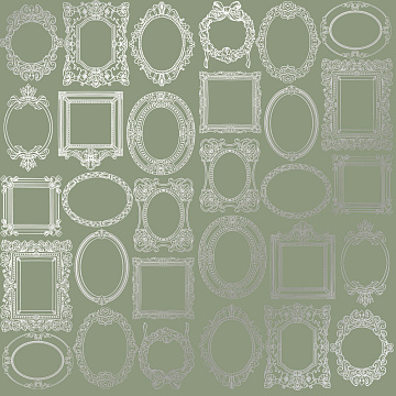 Sheet of single-sided paper embossed with silver foil, pattern Silver Frames Olive 12"x12" 