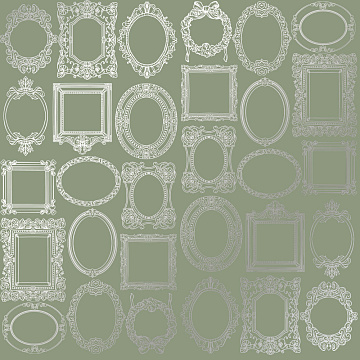 Sheet of single-sided paper embossed with silver foil, pattern Silver Frames Olive 12"x12" 