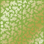 Sheet of single-sided paper with gold foil embossing, pattern "Golden Pine cones Bright green"