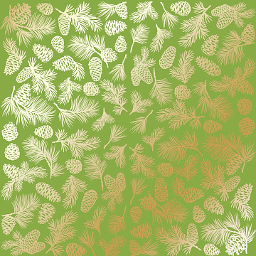 Sheet of single-sided paper with gold foil embossing, pattern "Golden Pine cones Bright green"