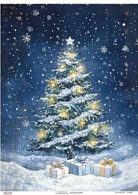 Decoupage Card Christmas Tree with Garland in Night Forest