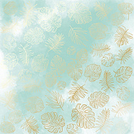 Sheet of single-sided paper with gold foil embossing, pattern Golden Tropical Leaves, color Mint watercolor, 12"x12"