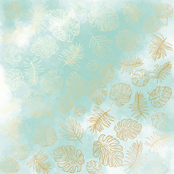 Sheet of single-sided paper with gold foil embossing, pattern Golden Tropical Leaves, color Mint watercolor, 12"x12"