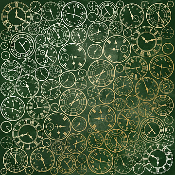 Sheet of single-sided paper with gold foil embossing, pattern Golden Clocks, color Dark green aquarelle 12"x12" 