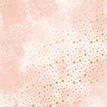 Sheet of single-sided paper with gold foil embossing, pattern Golden stars, Vintage pink watercolor, 12"x12"