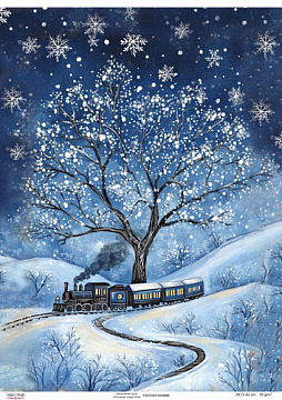 Karta Decoupage "Zimowy krajobraz z pociągiem", #0888, 29,7x42cm