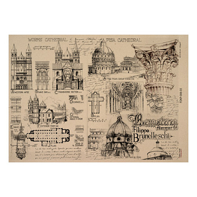лист крафт бумаги с рисунком history and architecture #03, 42x29,7 см