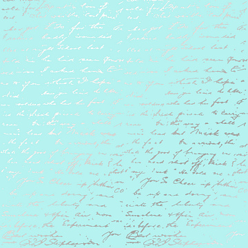 Sheet of single-sided paper embossed with silver foil, pattern Silver Text Turquoise 12"x12" 