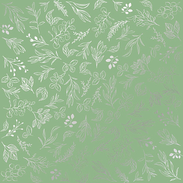 Sheet of single-sided paper embossed with silver foil, pattern Silver Branches, color Avocado 12"x12" 