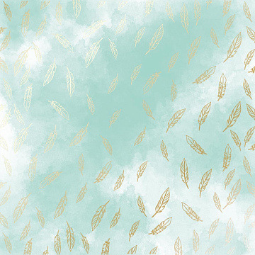Sheet of single-sided paper with gold foil embossing, pattern Golden Feather, color Azure watercolor, 12"x12"