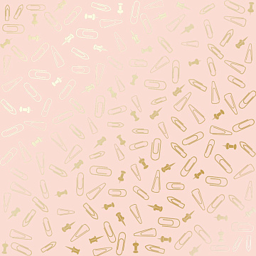 Sheet of single-sided paper with gold foil embossing, pattern Golden Drawing pins and paperclips, color Peach