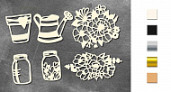 Chipboards set Jars, watering can, glass and flowers #779