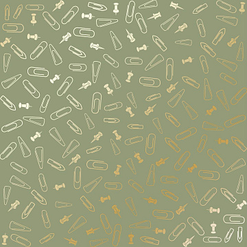 Sheet of single-sided paper with gold foil embossing, pattern Golden Drawing pins and paperclips, color Olive