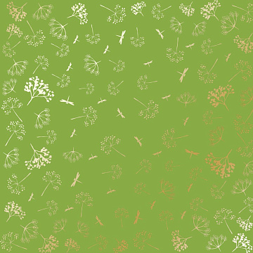 Sheet of single-sided paper with gold foil embossing, pattern Golden Dill, color Bright green, 12"x12"