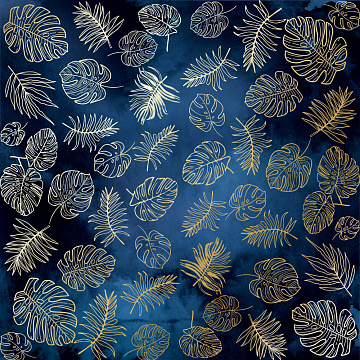 Sheet of single-sided paper with gold foil embossing, pattern Golden Tropical Leaves Night garden, 12"x12"