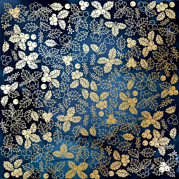 Einseitig bedruckter Papierbogen mit Goldfolienprägung, Muster "Goldene Winterbeeren Dunkelblau"