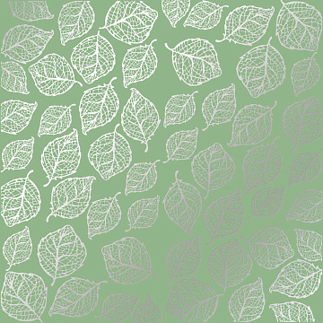 Einseitig bedrucktes Blatt Papier mit Silberfolie, Muster Silberne zarte Blätter, Farbe Avocado 12"x12"