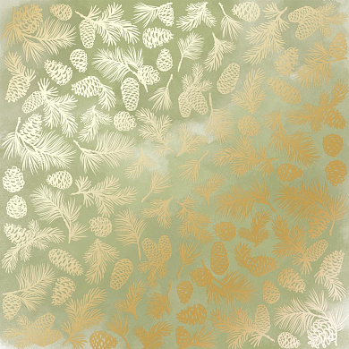 Sheet of single-sided paper with gold foil embossing, pattern "Golden Pine cones Olive watercolor"