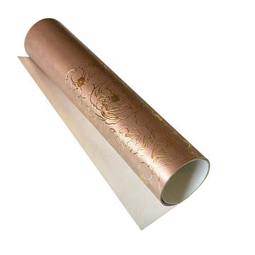 Piece of PU leather for bookbinding with gold pattern Golden Pion Pink gold, 50cm x 25cm