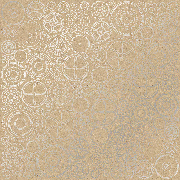 Sheet of single-sided paper embossed with silver foil, pattern Silver Gears Kraft 12"x12" 