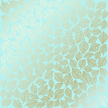 Sheet of single-sided paper with gold foil embossing, pattern Golden Leaves mini, color Turquoise
