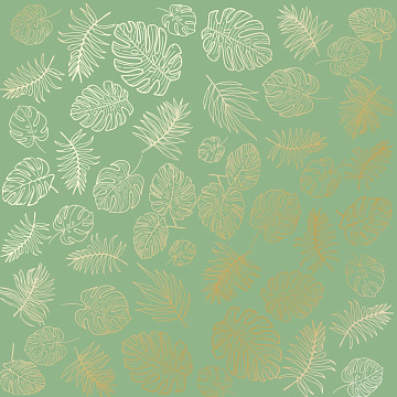 Sheet of single-sided paper with gold foil embossing, pattern Golden Tropical Leaves, color Avocado, 12"x12"