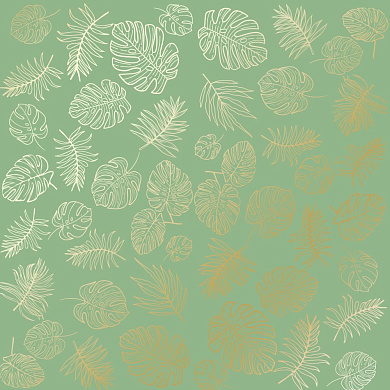 лист односторонней бумаги с фольгированием, дизайн golden tropical leaves, color avocado, 30,5см х 30,5 см