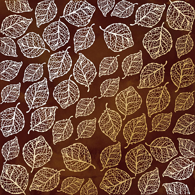 лист односторонней бумаги с фольгированием, дизайн golden delicate leaves, color brown aquarelle, 30,5см х 30,5см