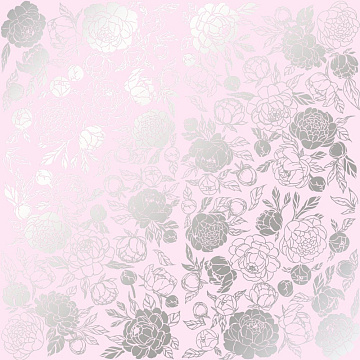 Sheet of single-sided paper embossed with silver foil, pattern Silver Peony Passion Light pink 12"x12" 