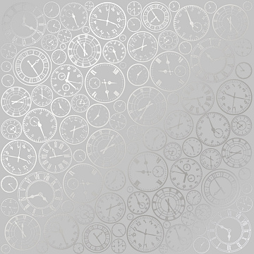 Sheet of single-sided paper embossed with silver foil, pattern Silver Clocks Gray 12"x12" 