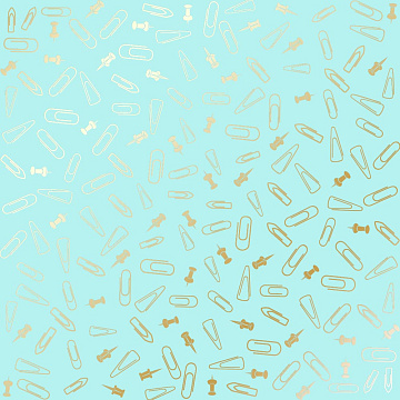 Sheet of single-sided paper with gold foil embossing, pattern Golden Drawing pins and paperclips, color Turquoise