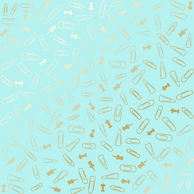 лист односторонней бумаги с фольгированием, дизайн golden drawing pins and paperclips, turquoise, 30,5см х 30,5см