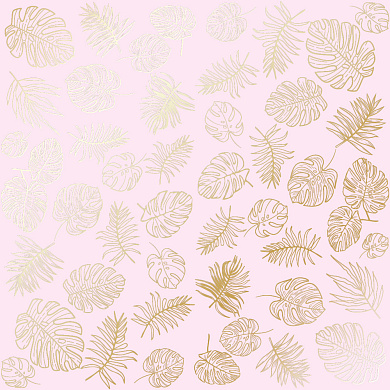 лист односторонней бумаги с фольгированием, дизайн golden tropical leaves light pink, 30,5см х 30,5см
