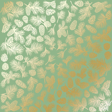 Sheet of single-sided paper with gold foil embossing, pattern "Golden Pine cones Avocado"