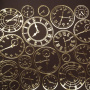 Skóra PU do oprawiania ze złotym tłoczeniem, wzór Golden Clocks Chocolate, 50cm x 25cm 