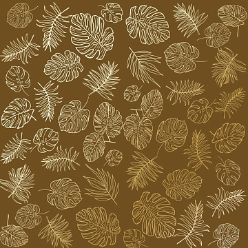 Sheet of single-sided paper with gold foil embossing, pattern Golden Tropical Leaves, color Milk chocolate, 12"x12"
