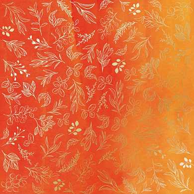 лист односторонней бумаги с фольгированием, дизайн golden branches, yellow-orange aquarelle, 30,5см х 30,5см