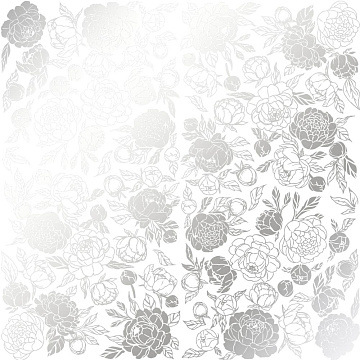 Sheet of single-sided paper embossed with silver foil, pattern Silver Peony Passion White 12"x12" 
