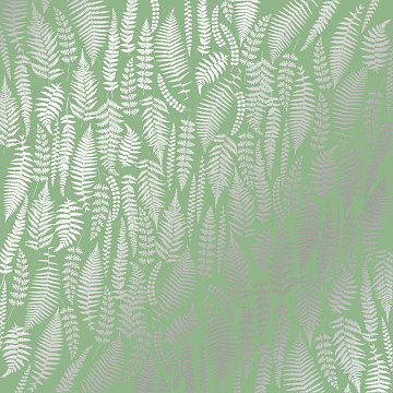 Sheet of single-sided paper embossed with silver foil, pattern Silver Fern, color Avocado 12"x12" 