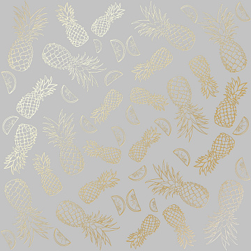 Sheet of single-sided paper with gold foil embossing, pattern Golden Pineapple Gray, 12"x12"