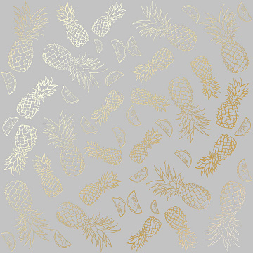 Sheet of single-sided paper with gold foil embossing, pattern Golden Pineapple Gray, 12"x12"
