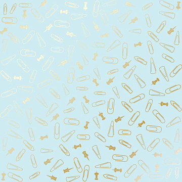 Blatt aus einseitigem Papier mit Goldfolienprägung, Muster Goldene Reißnägel und Büroklammern, Farbe Blau