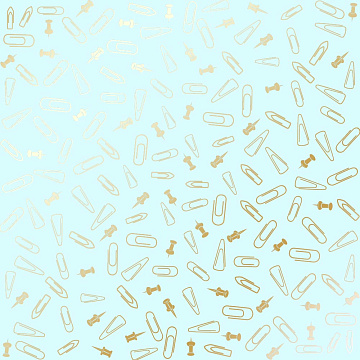 Einseitig bedruckter Bogen mit Goldfolienprägung, Muster Goldene Reißnägel und Büroklammern, Farbe Mint