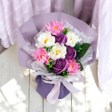 bouquet of white and purple chrysanthemums with roses “surprise” - 2