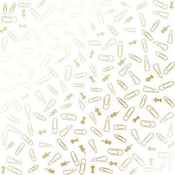 Sheet of single-sided paper with gold foil embossing, pattern Golden Drawing pins and paperclips, color White