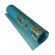 Piece of PU leather with gold stamping, pattern Golden Peony Passion, color Bright blue, 50cm x 25cm